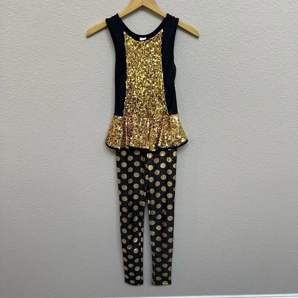 Weissman Size Child Medium Gold Digger Dance Costume Black Gold Sequin Jean Vest